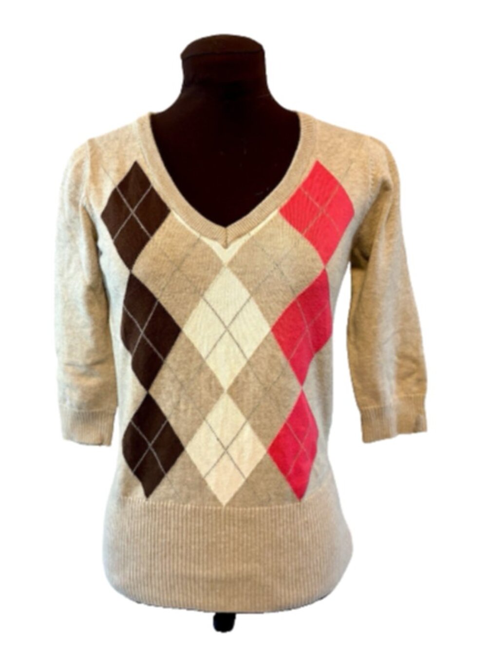 Herbench Tan V-Neck Sweater Pink Brown White Argyle Pattern, Womens size Small